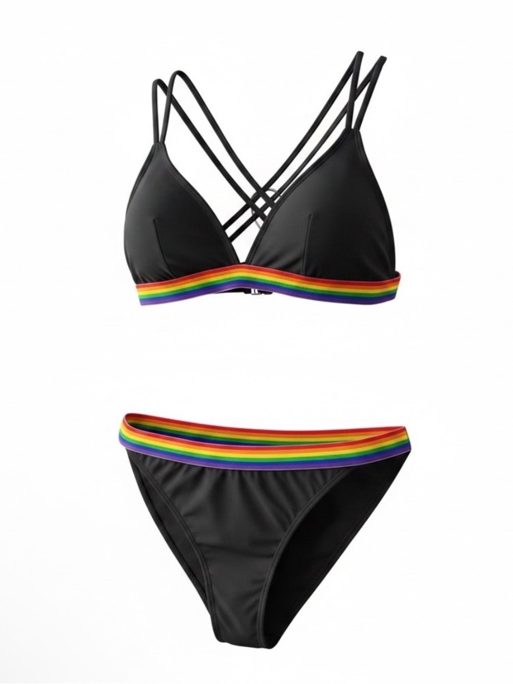 Hot Topic Black Bikini Set w/ Rainbow Varsity Stripes